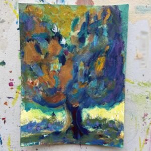 Independence an abstract orange and blue tree on a yellow background