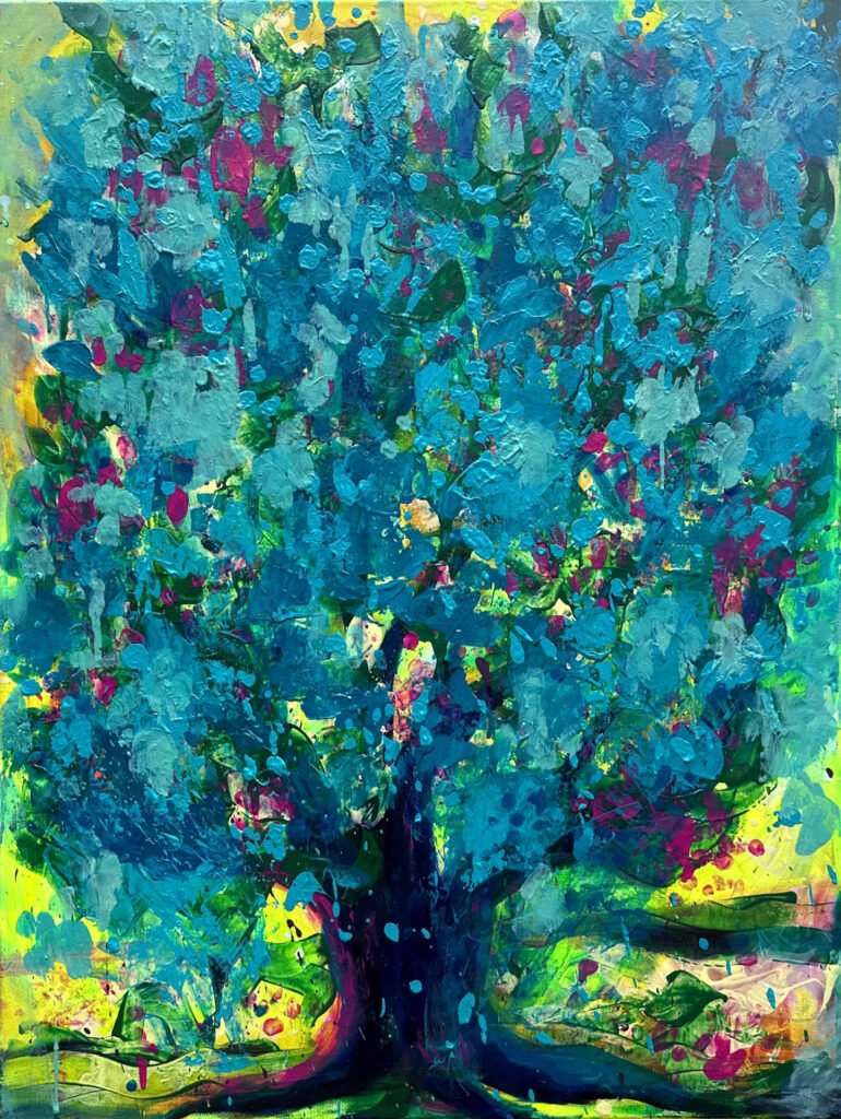 Promise of Summer, painting of an abstract fluffy teal green tree