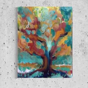 tree with abstract tufts of orange and red leaves on a green background