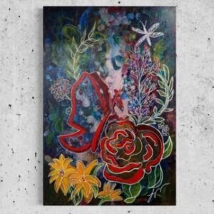 abstract red butterfly with flowers and tree branches