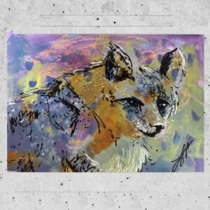 abstract gray fox painted in acrylics on a colorful background on paper