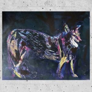 Red Wolf at Dusk and abstract painting with acrylic ink and wax.