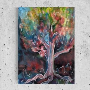 Still standing abstract tree with pale trunk and branches and rainbow leaves