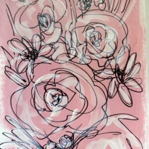 abstract floral bouquet in black and white on a pink background by artist Lee Suzanne Jordan