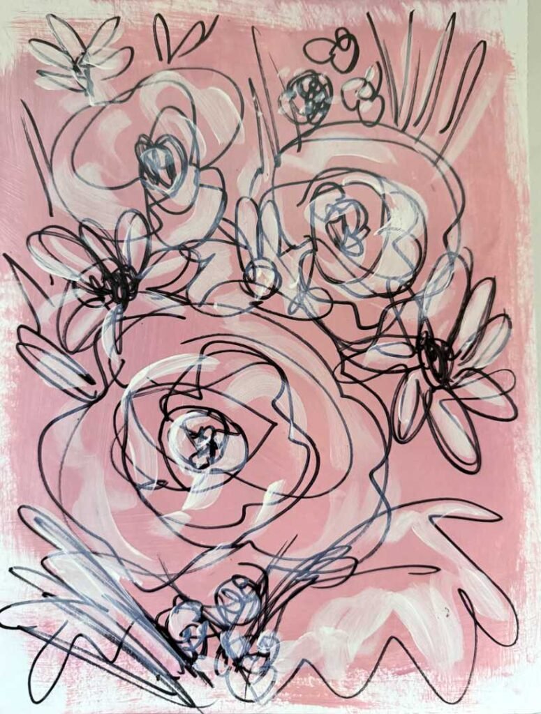 abstract floral bouquet in black and white on a pink background by artist Lee Suzanne Jordan