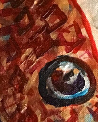 Detail of High Energy Jack painting showing right eye area including layers of paint and line work