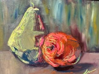 Pear + Apple, 14 x11, oils on canvas, original painting