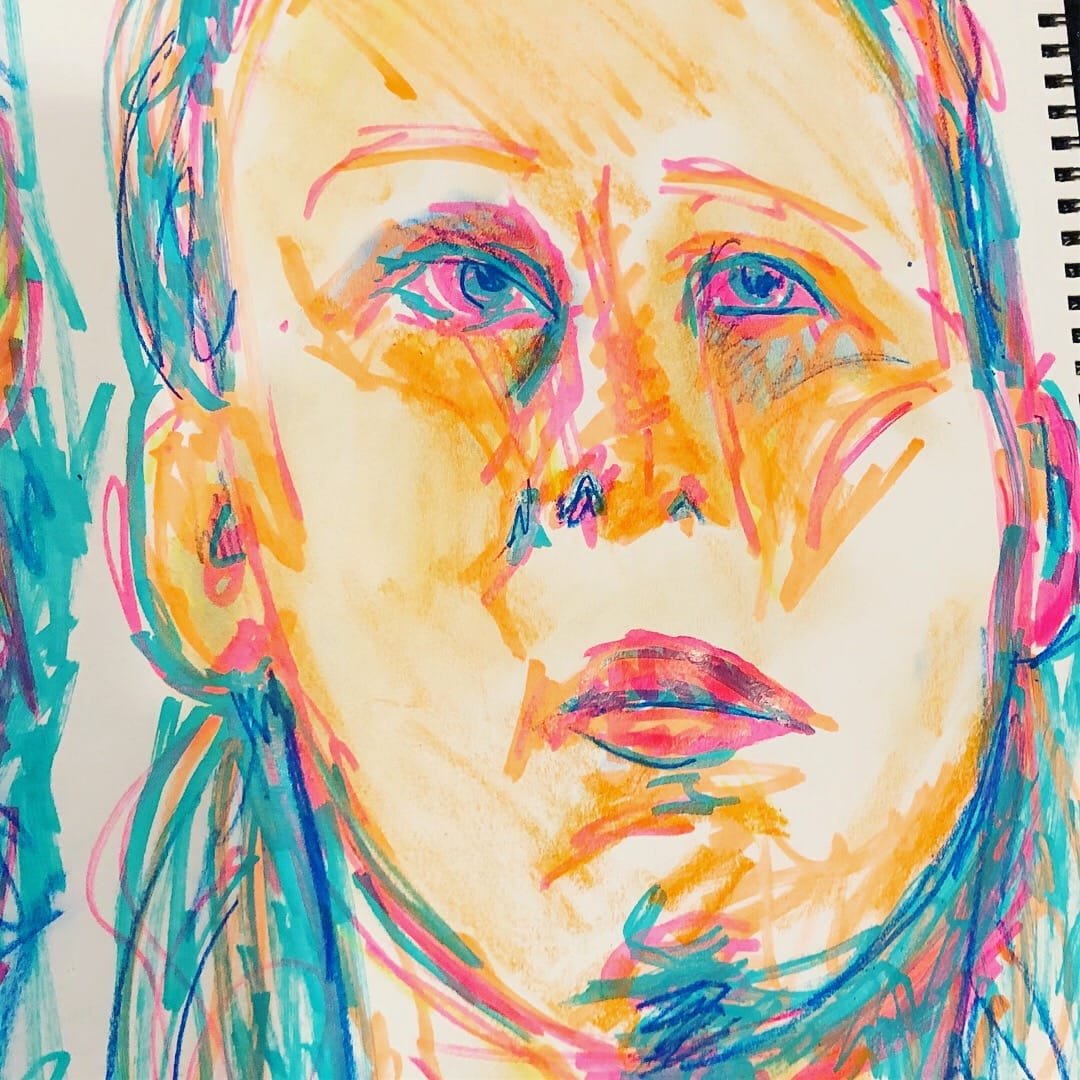 portrait and figure study of a woman looking up and into the distance. her hair is made of acrylic paint markers and blue chalk pastel. Her lips and accents are flourescent pink acrylic marker. Her skin is built from orange acrylic markers and chalk pastel.