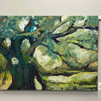 Memory of the Big Oak, acrylic painting, 40 inches wide by 30 inches high. Oak tree on a blue and yellow background.