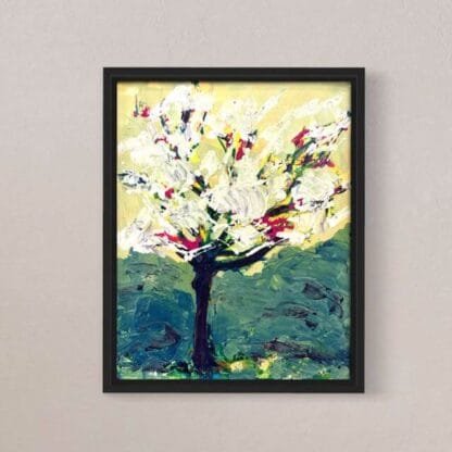 Cherry Blossom tree with a yellow sky and greenery behind it
