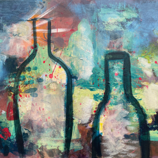 two wine bottles outlined in green on an abstract background