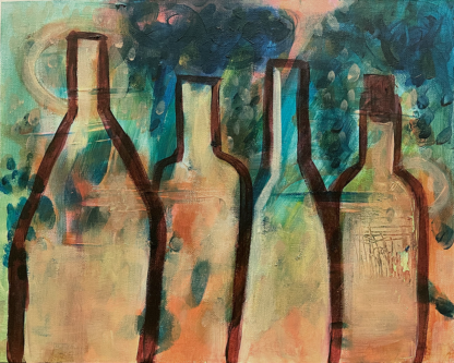 In Fine Spirits Painting #02, four different wine bottles on an abstract background