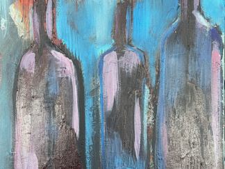 In Fine Spirits #03, The painting has three dark purple and brown wine bottles on a mostly blue abstract background