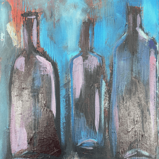 In Fine Spirits #03, The painting has three dark purple and brown wine bottles on a mostly blue abstract background