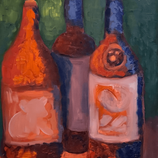 In Fine Spirits #04, The painting has three dark, vividly painted wine bottles on a green background