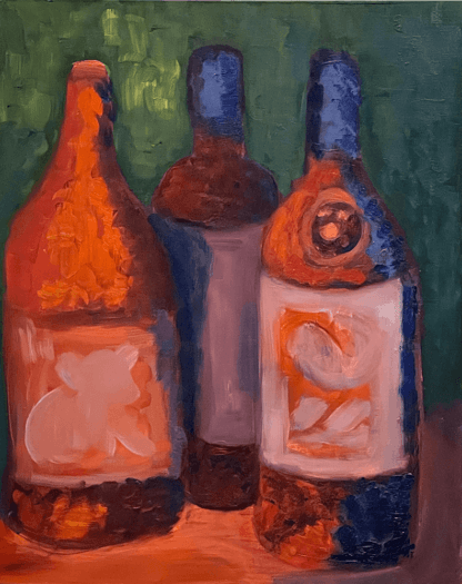 In Fine Spirits #04, The painting has three dark, vividly painted wine bottles on a green background