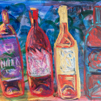 Four abstract red wine bottles on a blue background