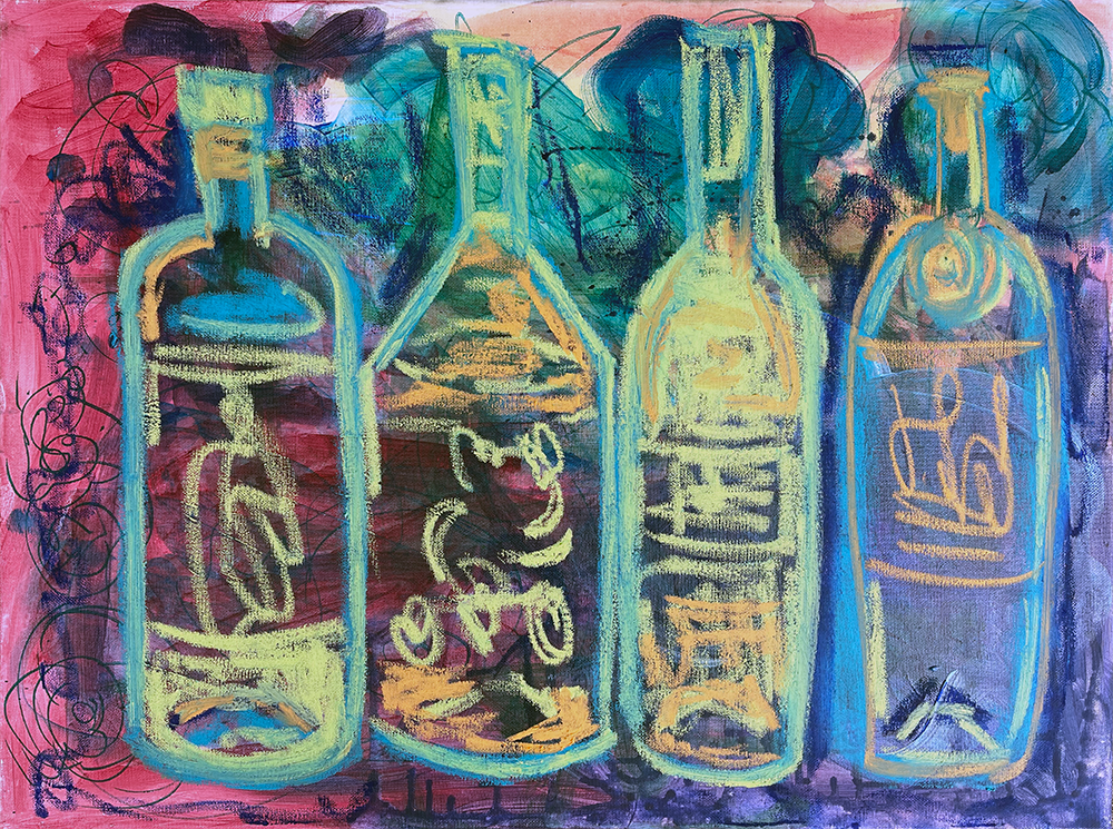 Four neon green wine bottles on an abstract pink magenta and blue green background