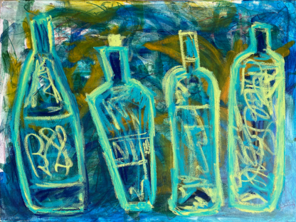 Four abstract outlined blue green wine bottles on an abstract background
