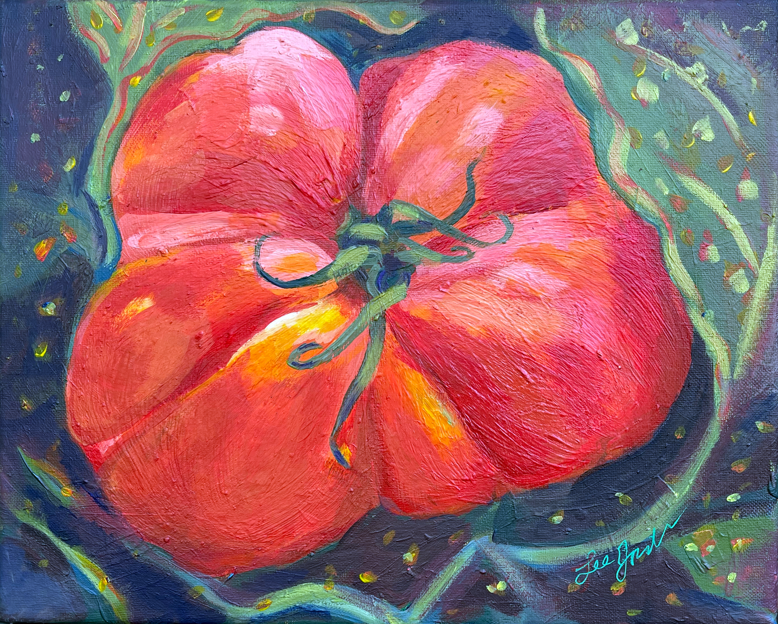 Juicy Bumps Heirloom Tomato #1, still life of a tomato painting, red with green vines