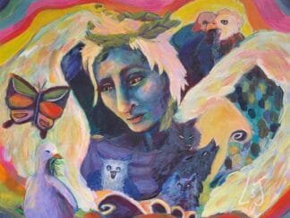 Angel figure with wolves, dove, butterfly, free people.