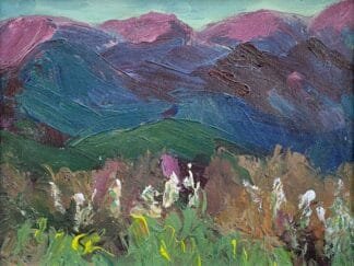 North Georgia Dreaming - abstract mountain landscape, purple and blue mountains view from a field of flowers