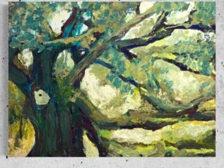Painting of a live oak using a thick paint impasto technique. Brown trunk with green and mossy branches and leaves