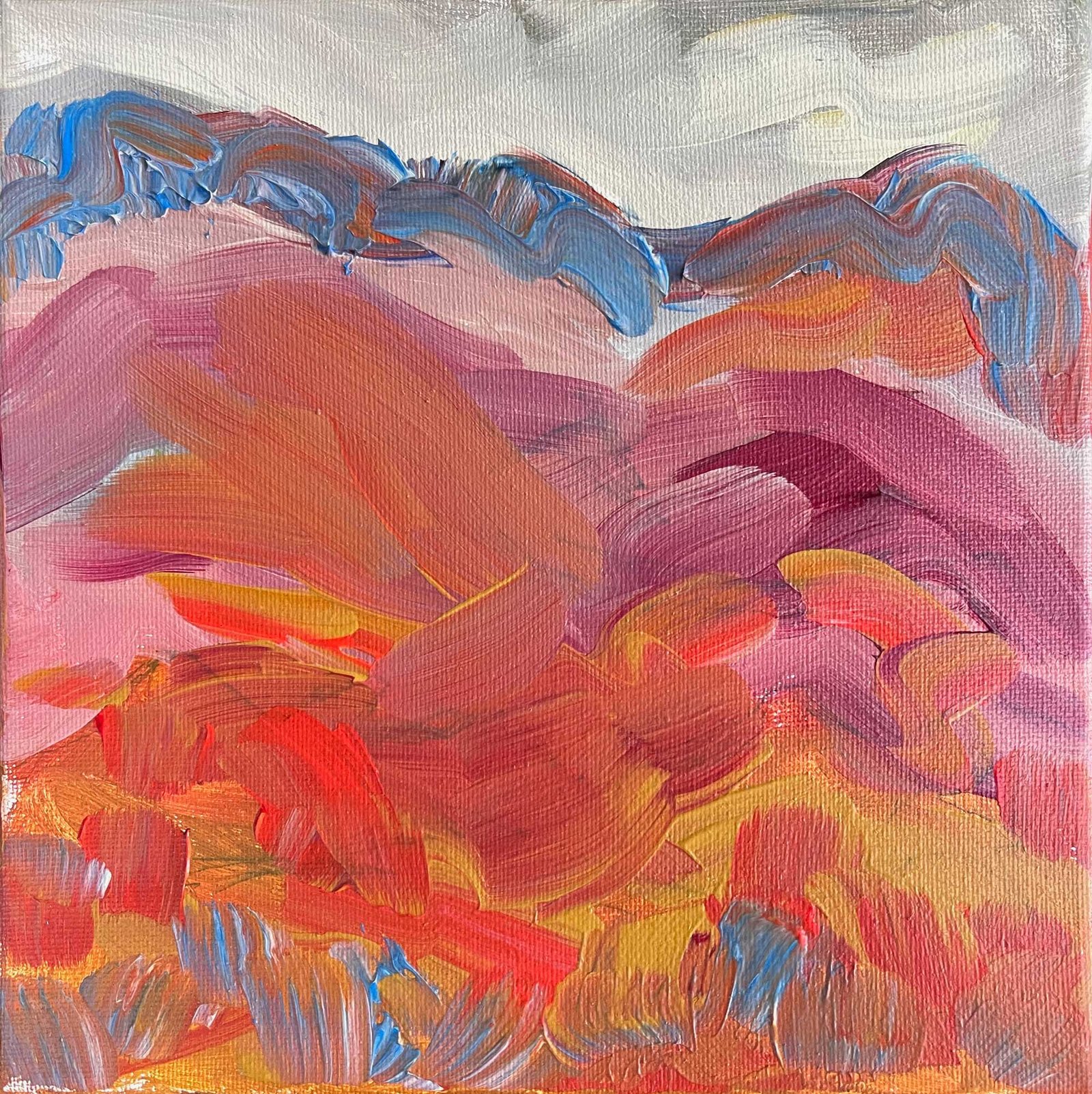 Loose abstract orange, blue, yellow and purple painting of the Appalachian mountains.