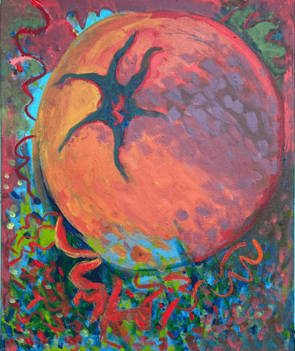 Orange tomato on a loosely painted vine background