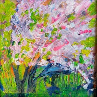 Study of Dogwoods in Bloom #01. Trees with dark bark and pink and white blossoms on a bright green background.