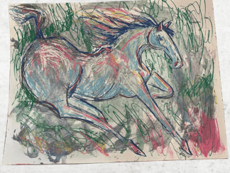 A blue horse running across an abstract forest landscape. Wild Spirits Study: Blue Ridge Solitude #02