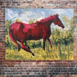 red horse walking in a field