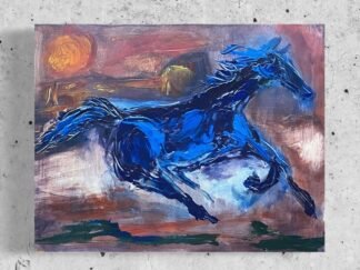 Wild Spirits #01 is a painting of a blue horse racing across a desert landscape.