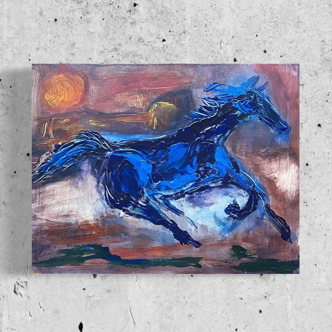 Wild Spirits #01 (Blue Horse) Original Painting in Acrylic on Wood