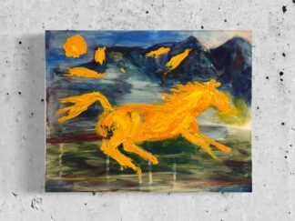 Wild Spirits 02 is a painting of a yellow horse racing across a green landscape. Painting is hung on a concrete wall