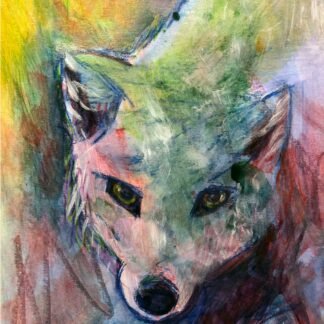 Arctic fox head looking intently with a yellow and multi color background