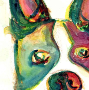 colorful Boston terrier watercolor and ink work in progress close up