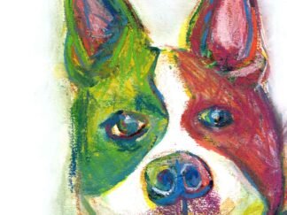 Boston Terrier dog portrait with rainbow colors but mostly green and purple using watercolor and inktense block art sticks