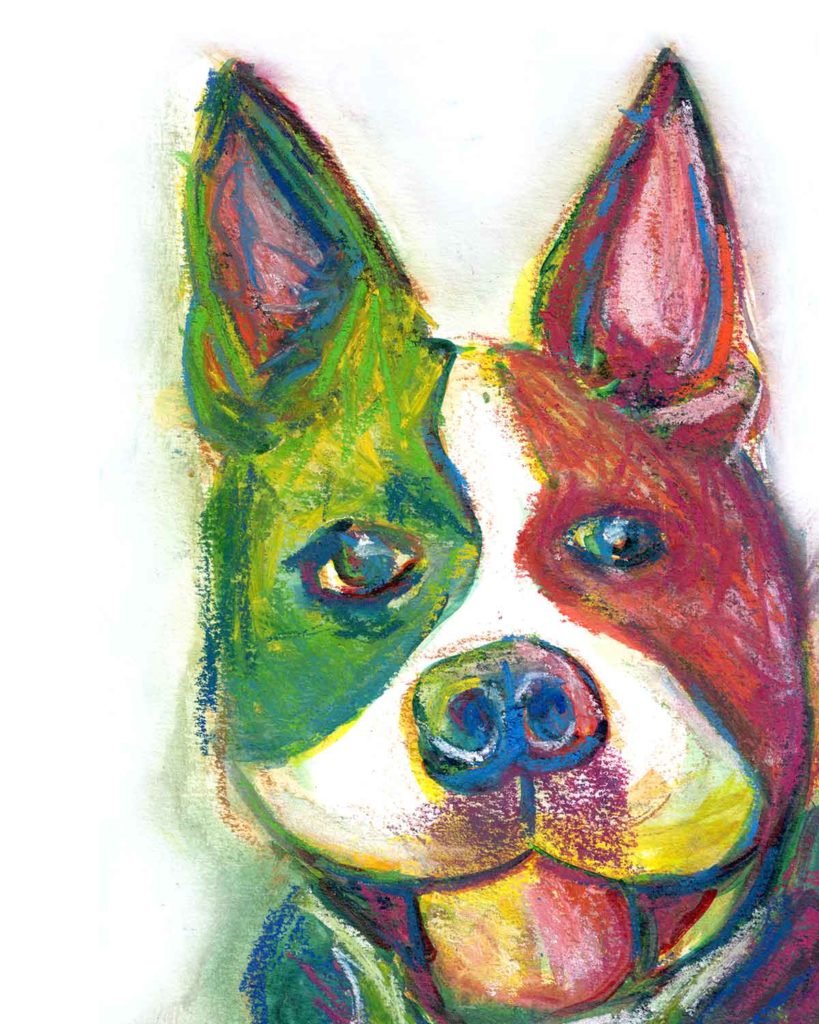 Boston Terrier dog portrait with rainbow colors but mostly green and purple using watercolor and inktense block art sticks