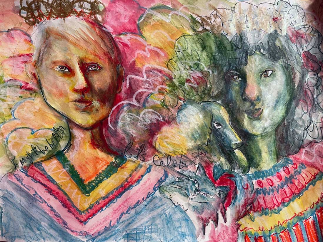 I might be better original painting. Two people on a color pink, yellow and green background.