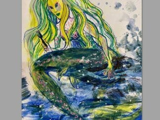 neon yellow and green mermaid sitting on a rock in the ocean combing her hair with a fork