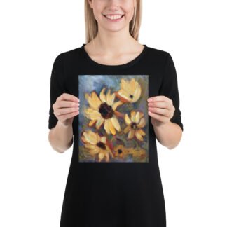 Woman holding 8 x 10 print of wild sunflowers painting