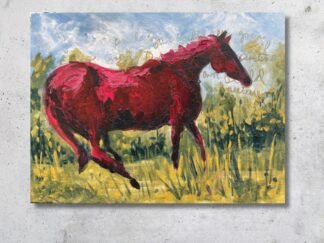 Wild Spirits #03 a red horse grazing in a green grassy field