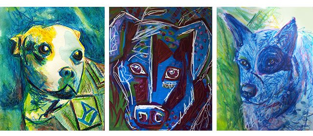 three paintings of dogs, a pit bull mix, a lab mix and a blue heeler.