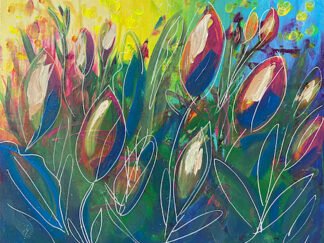 Spring dreams, pink tulips with blue shadows and cream yellow highlights on a yellow, blue and green background