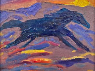 Navy blue horse racing across a desert landscape