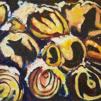Warm reds and oranges surround mysterious knots of dark shapes with crusts of cool blues and whites that shift from cool to warm