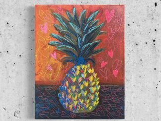 Yay Pineapple. A yellow and green pineapple still life with an orange background on a mostly brown table